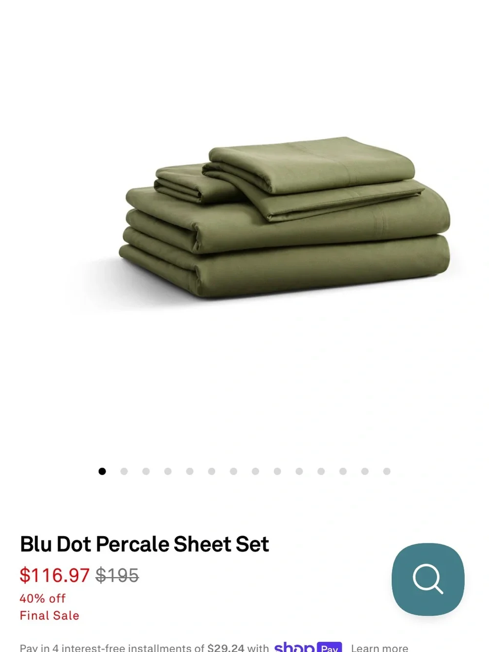 Blu Dot Percale Sheet Set - Loden Green King New With Tags